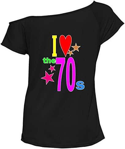Womens Top I Love The 80s 60s 70s 90s T-Shirt Off Shoulder Retro Party Tees #(6290#BlackT Shirt I Love The 70s Print#UK 14)