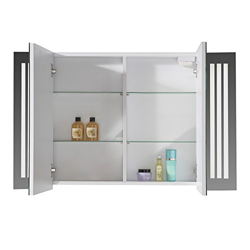 Eurosan 2-türiger Spiegelschrank, Superflach, Integrierte LED-Frontbeleuchtung, Breite 100 cm, Weiß, Sydney, S100 - 2