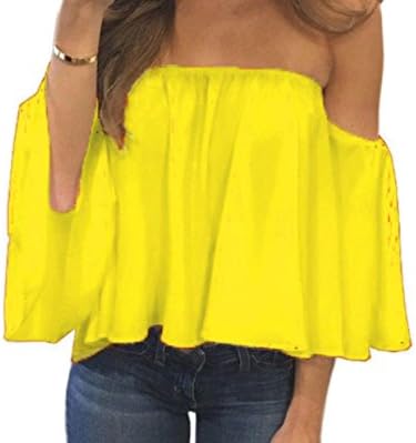 Doufine Womens Wrapped Chest Loose Fit Sexy Solid Chiffon T-Shirts Tops Blouse Yellow XS