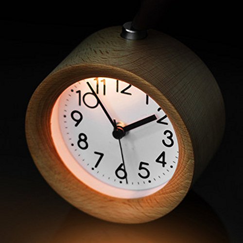 Jinberry Retro Lautlos Analog Runde Holzwecker / Handgemacht Vintage Tischuhr mit licht Nachtlicht, Snooze Funktion und Sanfter Weckton, 4 Zoll Lautlos Analog Quarz ohne Ticken Schleichende Sekunde Wecker - Weißbirke