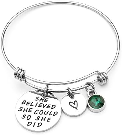 Liuanan She belived she could so she did Inspirational Bracelet Expandable Bangle Birthstone Stainless Steel Cuff