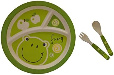 Kids Sectioned Plate, Fork &amp; Spoon Bundle – Made from Bamboo Fibre in Frog Design by Mini Mumbler® | Tableware | Dinnerware | Mealtimes | Weaning | Eco-Friendly