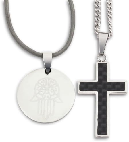 Black Carbon Fiber and Polished Stainless Steel Cross Necklace on Curb Chain With Good Luck Charm Corded Necklace