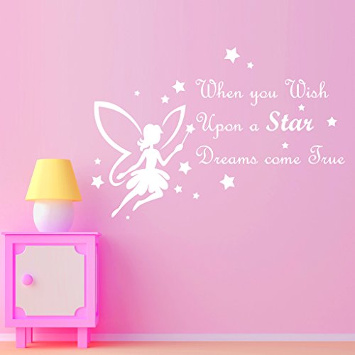 Fairy Wish Upon a Star Quote Childrens Wall Art Sticker - Art Vinyl Decal Stickers, Childrens Bedroom, Bathroom, Kitchen, Lounge, Easy to Apply, Free Applicator, Easy Peel - (Please Choose Your Size & Colour Using the Selection Boxes) - by Rubybloom Designs