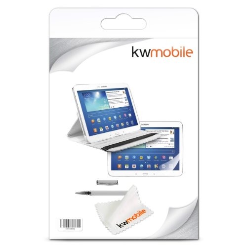 3in1 Set: kwmobile Hülle für Samsung Galaxy Tab 3 10.1 P5200 / P5210 / P5220 – 360° Standfunktion Case Tablet Schutzhülle Kunstleder – Smart Cover Tabletcase Weiß + Folie, kristallklar + Stylus, weiß - 7