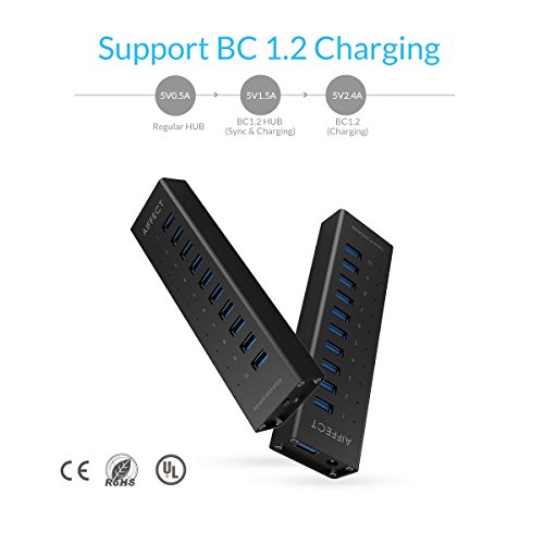 AIFFECT 10 Port USB 3.0 SuperSpeed Charging Hub with Power Adapter, BC 1.2 Charging Support – Black - 4