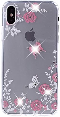 CXMALL iPhone X Case, Soft Flexible Clear TPU Silicone Rubber Gel Utral Slim Protective Cover Case with Bling Glitter Crystal Rhinestones Diamond for iPhone X 10 5.8 inch (Butterfly Flower)