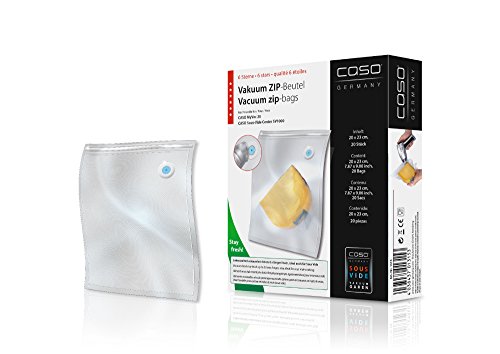 Caso Zip-Beutel, 20 Stück für Caso Geräte mit speziellen Vakkum-Adapter, Kochfest, Mikrowellen und Sous Vide geeignet, 20 x 23 cm