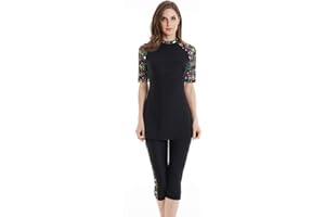SHUOBEITER Modest Swimwear für Damen Muslimische Badeanzüge Burkini Floral Short Padded Surfing Suit