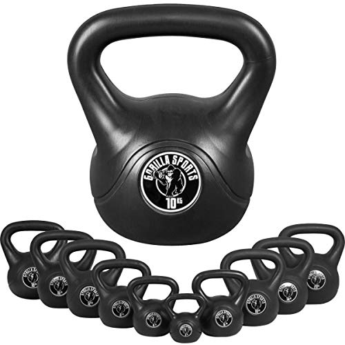 Gorilla Sports Kettlebells Plastique Noires de 2 à 20 KG + Lot de 11 Kettlebells haltères Russes