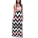 A-Linie Damen Sommerkleid Lang Maxikleid Strandkleider Partykleid Maxi Kleider mit Streifen (Rosa, S)