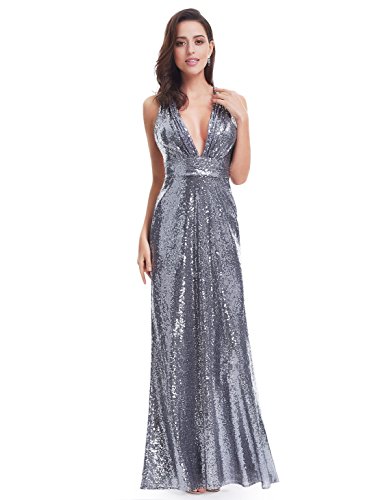 Ever Pretty Lang Pailletten Elegant Partykleid Cocktailkleid V-Halsausschnitt Abendkleid 48 Silber - 6