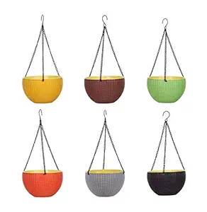 AASHU Plastic Self Watering Hanging Pot, Multicolour, 10 inch, Pack of 6