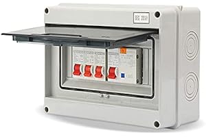 AYNEFY 3 Way Consumer Unit, Garage & Caravan CU with 63A 30mA RCD & 6A 16A 32A MCBs, IP65 Waterproof Enclosure for Outbuildings Sheds Workshops, 230V-400V Rated