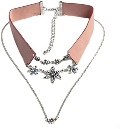 Women Double Layer Necklace Fashion Simple Leather Rainstone Flower Choker Bib Collar Dress Accessories ( Color : Brown )