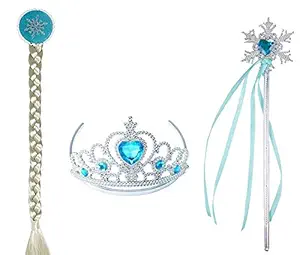 FancyDressWale Party Favour Princess Snowflake Accessories Set Crown Tiara ,Braid and Wand for Girls 3-10 Years/Return Gifts (Elsia)