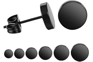 BEYEQCEZ 6 Paires Noir Plaine Plat Ronde Boucles d'oreilles, Boucles d'oreilles Homme Rock Simple Rond Poli Clous d'oreille Acier Inoxydable pour Homme Femme Garçons - Noir Clous d'oreille - 3mm-8mm