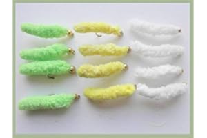 TROUTFLIES UK MOP FLIES Mop Flies, Wotsit Flies, 12 x White Yellow & Lime Size 10, Trout Fishing Flies,
