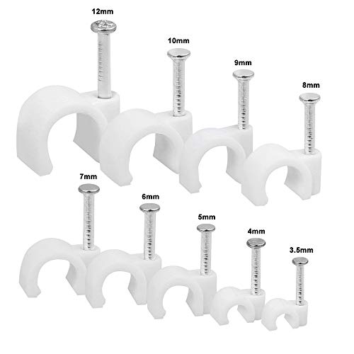 Qliver - 600 pinzas de sujeción para cable con clavo enchufado, tamaño: 3,5 mm, 4 mm, 5 mm, 6 mm, 7 mm, 8 mm, 9 mm, 10 mm, 12 mm