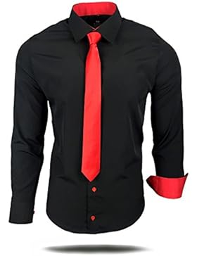 Rusty Neal Herren Kontrast Hemd Schwarz Slim Fit Black Edition mit Krawatte