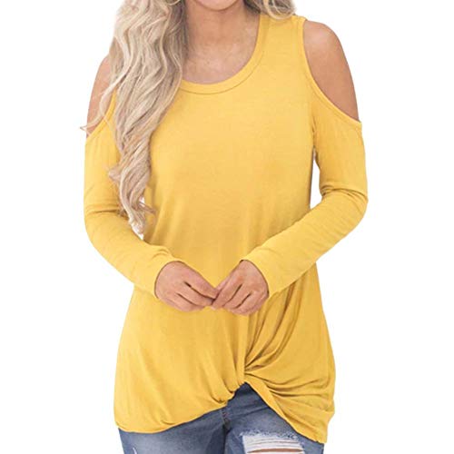 NPRADLA Womens 2020 Long Sleeve Cold Shoulder Knotted Hem Casual Solid T-Shirts Blouses Tops