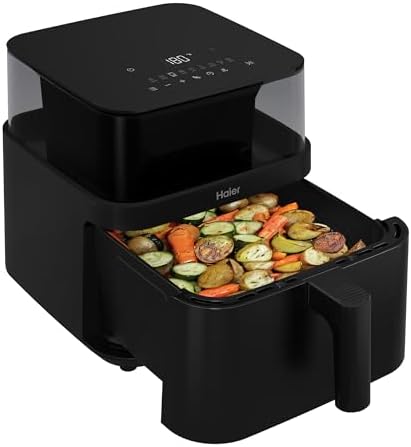 Haier Friggitrice ad Aria 7 Litri con Finestra e Luce LED, 1600W, Controllo Touch, Temperatura 60-200°C, App hOn, Cestello Antiaderente, Nero HAF3AFW 011