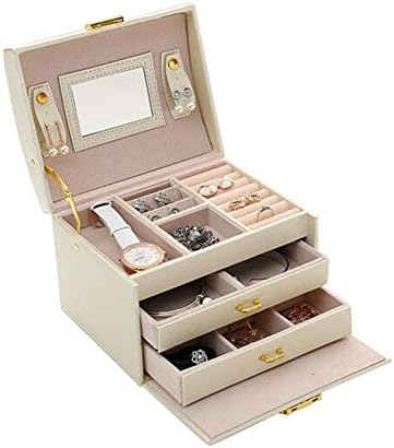 Deallink Jewellery Box Large Space Lockable PU Leather Bead Velvet 3-Layer Multi-Lattice Jewelry Case(with Mirror) for Earrings Necklace Jewels Bracelets Organiser(White)