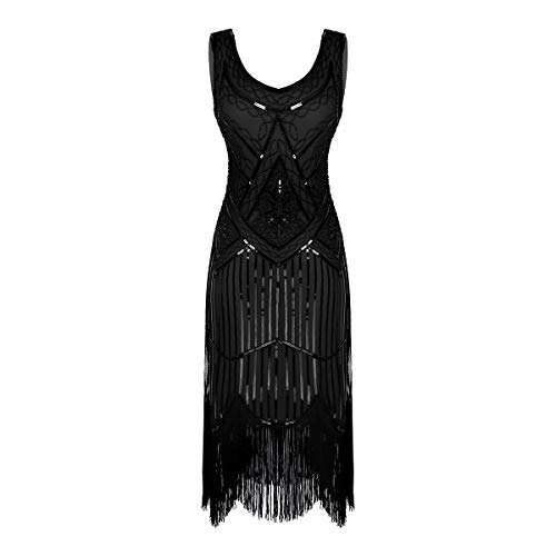 ranrann Femme Adulte Robe Cocktail Paillettes Robe Danse Latine Frangé Robe Danse Charleston Robe de Bal Soirée Vintage à Année 20 Gatsby Deguisement Dancewear XS-XXL Noir S