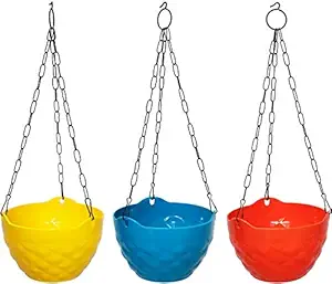 COIR GARDEN Hanging Garden pots, Diamond Flower pots with Heavy Metal Chain, Set of 3, Yellow, Blue, Orange Color Planter Basket, Pot, 8 inch Dia