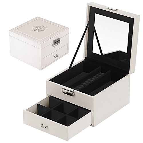 Preisvergleich Produktbild B.Catcher Schmuckkasten Schmuckaufbewahrung Schmuckkoffer Schmuckstücke Schmuckbox Kiste Doppeltem Boden Kunstleder mit Spiegel abschließbar für Damen Weiß