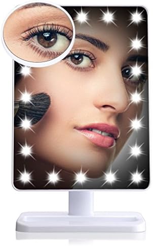 Makeup Mirror with 20 Bright LEDs, Vanity Mirror with Touch Dimmable Memory Function, Detachable 10X Magnification Spot Mirror, 180° Swivel Rotation, Portable Convenience and High Definition Clarity Cosmetic Mirror for Tabletop, Bathroom, Bedroom, Travel, Shaving, Dressing (White)