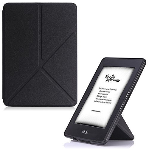 MoKo Kindle Paperwhite Hülle - Kunstleder Origami Ständer Schutzhülle Smart Cover mit Auto Sleep / Wake für Alle Kindle Paperwhite (2016 / 2015 / 2013 / 2012 Modell mit 6 Zoll Display), Schwarz