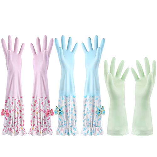 détail YANGYONGLI Gants pour Barbecue Cuisine VêTements De Lavage en Caoutchouc éMulsion ImperméAble à l'eau MéNage Plus Velours 3 Paires,K,S