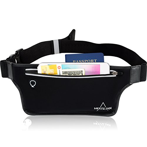 Sport Bauchtasche, MOSSLIAN Stilvolle Super Leichte Reise Elastische Hüfttasche Gürteltasche Laufgürtel Reflektorstreifen und mit Kopfhöreröffnung geeignet für Handy iPhone 7 6 Samsung Galaxy S6 Huawei P9 Mate 8 HTC ONE bis 6 Zoll Smart Phone für Damen Herren Joggen,Fitness, Lauftraining (Schwarz)
