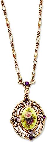 Rose-tone Dark Purple Crystal Floral Decal 28 Inch Necklace