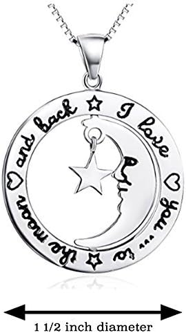 Child's I Love You to the Moon and Back round silver pendant with man in the moon and dangling star necklace in heart gift box