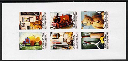 Kyrgyzstan 1998 Toys & Games imperf sheetlet containing 6 Values unmounted Mint Toys Games Teddy Bears Cricket Tennis Cats Cars Railways Football Golf JANDRSTAMPS (104718)