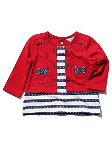 M&Co Baby Girl Stretch Cotton Navy And Red Long Sleeve Stripe Print Bow 2 In 1 Mock Cardigan Top Red 9/12 Mnths