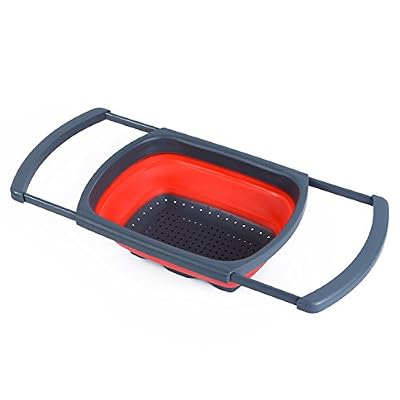 Bonapeti Passoire pliable haut de gamme Bonapeti - Fonction main libre rouge et grise en silicone - Un égouttoir avec des poignées extensibles pour s'adapter à tous les éviers - Grande capacité et rétractable - Garantie 1 an (Rouge)