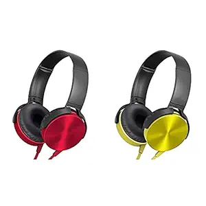 Raptech (Pack of 2) XB450 Wired On-Ear Headphones with Tangle Free Cable, 3.5mm Jack, Headset with Mic for Phone Calls (Red-Yellow)