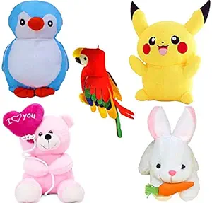 ESTON Budget Combo of 5 (Penguin, B Teddy, Pikachu, Rabbit and Parrot) Soft Toy | Birthday Gift for Girls/Wife, , Soft Toys Wedding for Couple Special, Baby Toys Gift Items