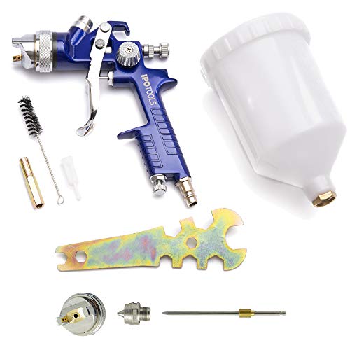 IPOTOOLS HVLP Lackierpistole Spritzpistole 1,3mm + 2,0mm Düse - H-827P Profi Farbsprühsystem Spraypistole mit 600 ml Plastikbecher und Edelstahldüse 1,3mm + Düsensatz 2,0mm