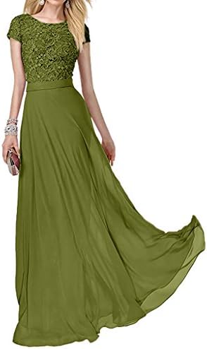Charm Bridal Short Sleeve Chiffon Lace Women Party Ball Dress Long Prom Gowns -18W-Olive
