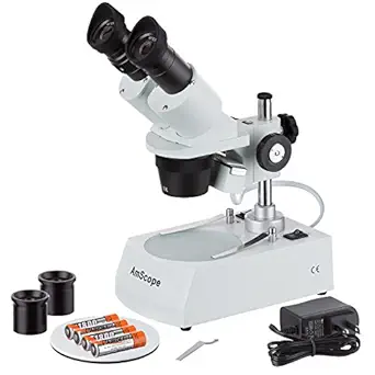 AmScope SE305R-PZ-LED Forward-Mounted Binocular Stereo Microscope, WF10x and WF20x Eyepieces, 10X/20X/30X/60X Magnification, 1X and 3X Objectives, Upper and Lower LED Lighting