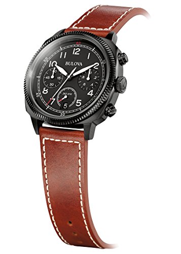 Bulova Military Men's Quartz Watch with Black Dial Analogue Display and Brown Leather Strap