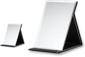 SITAKE 2Pcs Portable Leather Folding Mirrors, Compact Folding Makeup Mirror with Adjustable Stand for Travel, Office Des (Min&L, 25.5 * 18cm)