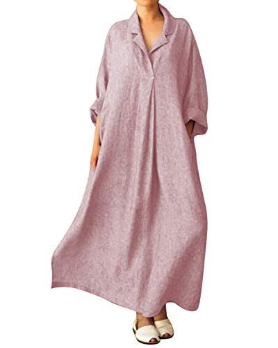 Jacansi Women V Neck Long Sleeve Casual Kaftan Shirt Long Dress with Pockets UK 6-22