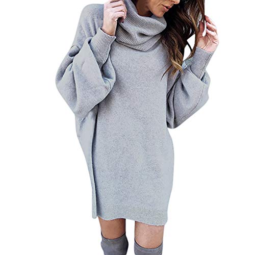Preisvergleich Produktbild kingko Damen Pullover Kleider Mini Kleid mit Tiefer Reißverschluss Winterkleider Strickkleider Langarm Mode Stricksweat Strickpullover Sweatkleid Hohem Kragen Feste Sweatshirt (M, Grau)