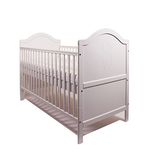 NEW BEAUTIFUL PINE WOOD WHITE TEDDY BABY COT BED / JUNIOR BED + QUALITY FIBRE MATTRESS 4'' - 10cm THICK