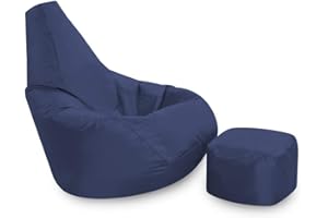 Bean Bag Bazaar High Back Chair and Footstool Combo - 80cm x 69cm - Indoor Outdoor Water Resistant BeanBag (Navy)